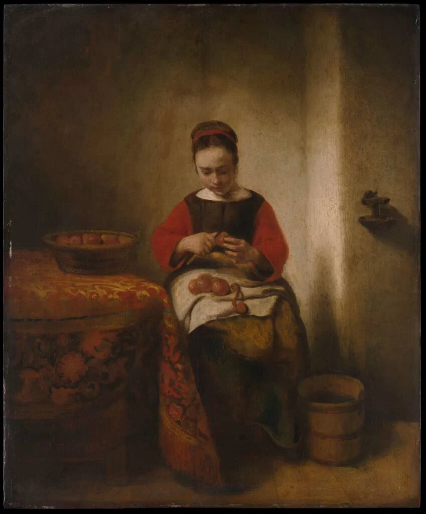 Николас Маес, "Молодая женщина, чистящая яблоки", около 1655 года. Музей Метрополитен, Нью-Йорк,  США. Завещание Бенджамина Альтмана, 1913 год.