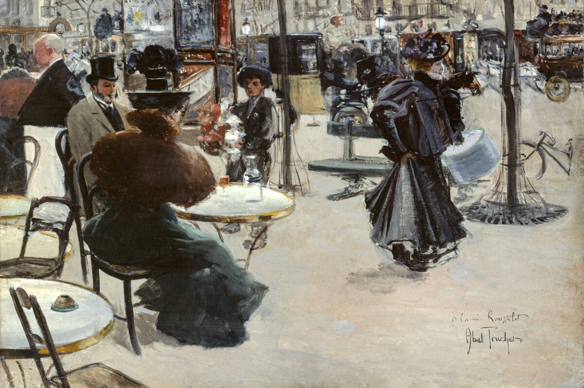 Street scene, Café terrace (1895) by Louis Abel-Truchet. The City of Paris' Museums. Digitally enhanced by rawpixel. "Уличная сцена, кафе на террасе" Луи Абель-Труше. Источник: rawpixel.com