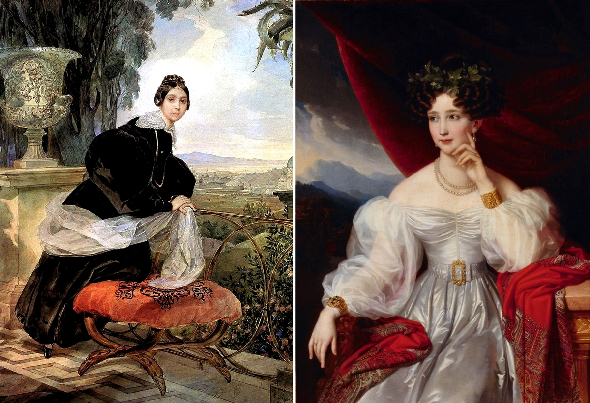 Слева -портрет княгини Елизаветы Салтыковой, Карл Брюллов, 1833-35. Справа - портрет принцессы софии Баварской, Йозеф Карл Штилер, 1830-е. (сс) Wikimedia Commons