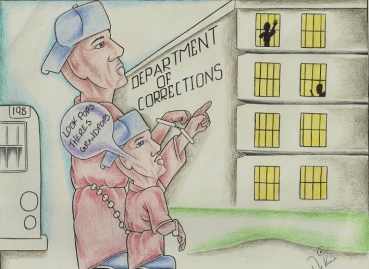 Грустный юмор. Надпись на здании: "Департамент исполнения наказаний".
"Смотри, папа. Вон там мои дедушки!"