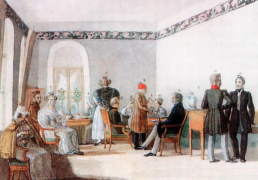 Ф.Солнцев. Гостиная в доме Олениных в Приютине. 1834 год