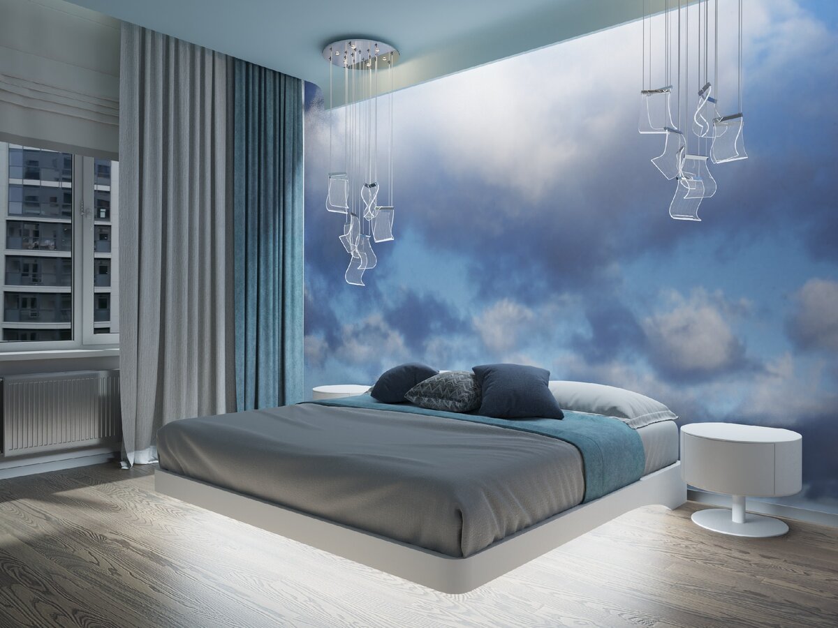 Кровать Орматек с парящим основанием в интерьере минималистичной спальни (дизайнеры Андрей и Екатерина Андреевы).