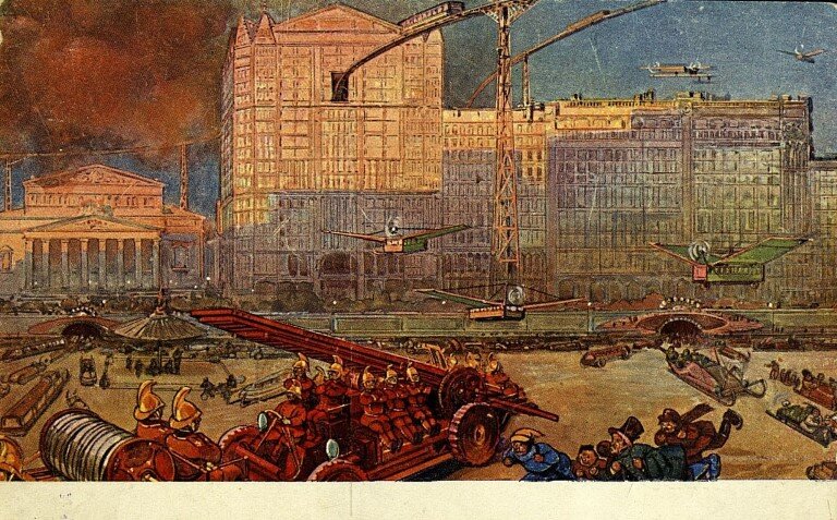 Москва будущего. Театральная площадь. "Темп жизни увеличился в сто раз. Всюду молниеносное движение колесных, крылатых, пропеллерных и прочих аппаратов. Существовавший еще в 1846 году Торговый дом Мюр и Мерлиз в настоящее время разросся до баснословных размеров, причем главные отделы его соединены с воздушными железными дорогами. Из-под мостовой вылетают многочисленные моторы. Где-то вдали пожар. Мы видим автомобильную пожарную команду, которая через мгновение прекратит бедствие. На пожар же спешат бипланы, монопланы и множество воздушных пролеток."