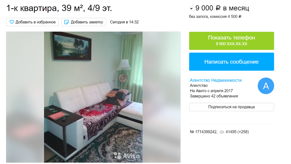 Скриншот с сайта avito.ru. Стоимость аренды однокомнатной квартиры в Рязани.