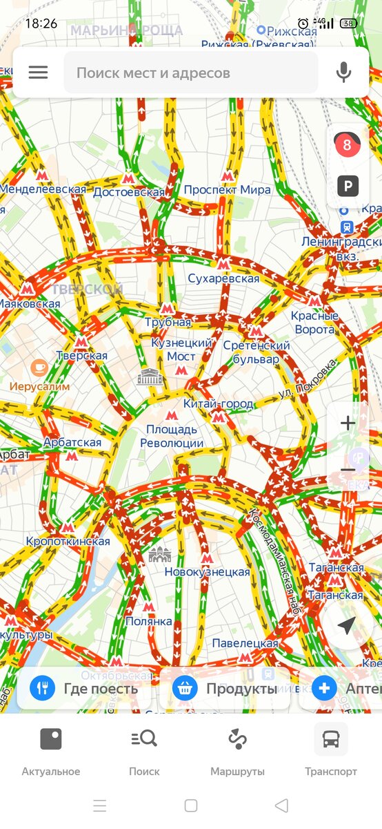 Вечерние пробки в Москве, 8 баллов, центр стоит. Скрин с Яндекс.Карты
