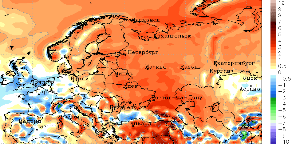 Ожидаемая аномалия температуры в сентябре 2020 по данным CFS (°C)