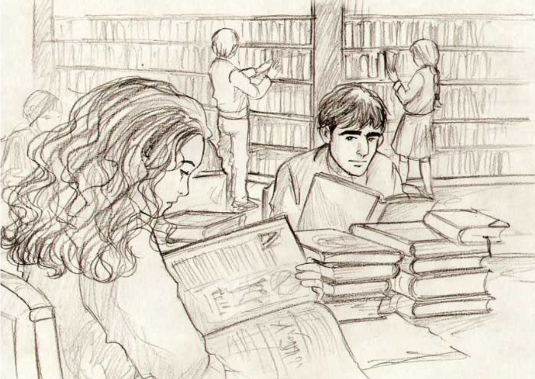 Будни читателя. Библиотека рисунок. Скетч учеба. Библиотека карандашом. Зарисовки подростков.