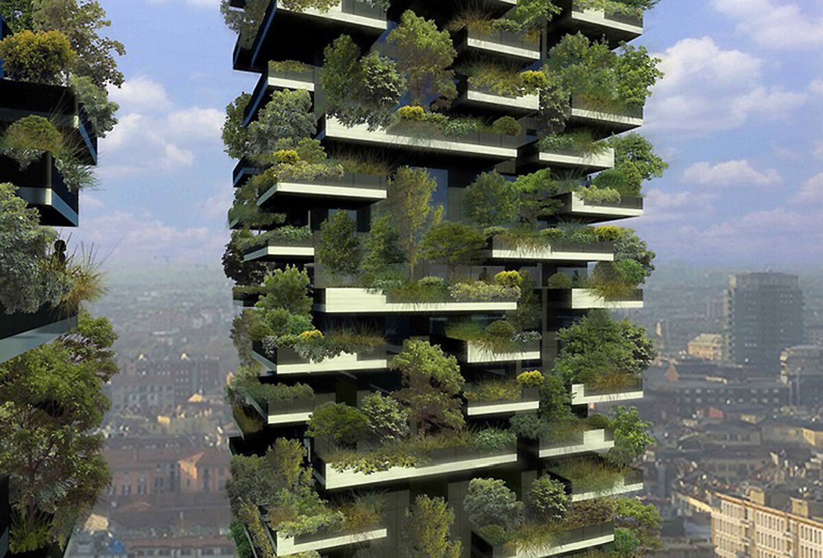 Зеленый многоярусный лес Bosco verticale в Милане