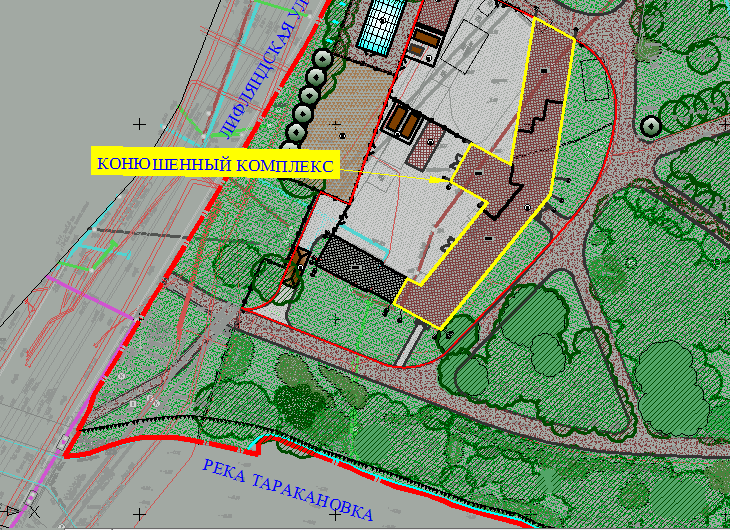 Проектируемое здание конюшни в желтом контуре, примыкает к существующему зданию мастерских, входящего к комплекс и являющегося памятником