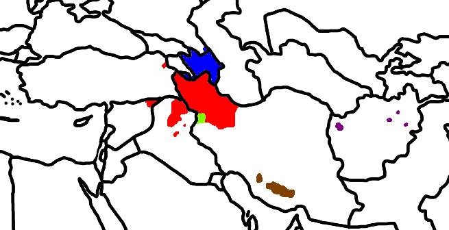 Ареал расселения азербайджанцев (обозначен синим и красным цветами)