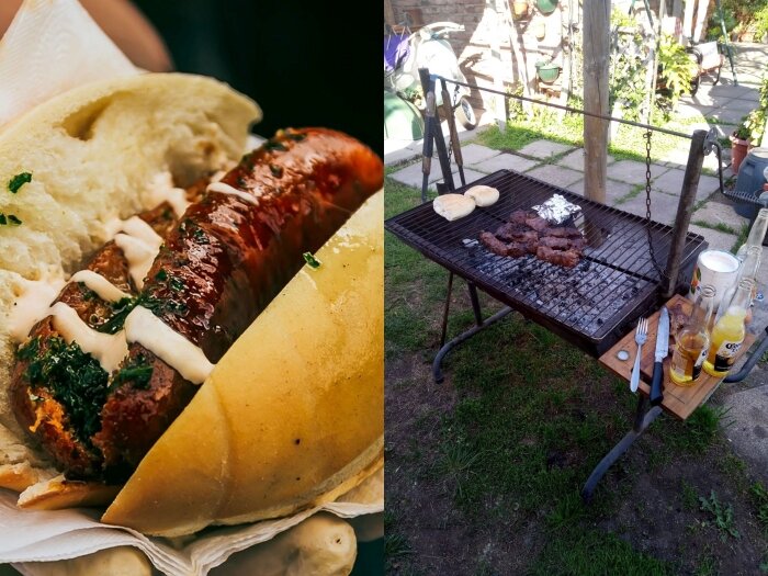 А это choripan. Подают его обычно красиво, но мы не заморачивались, просто хлеб с колбасками и пивом.