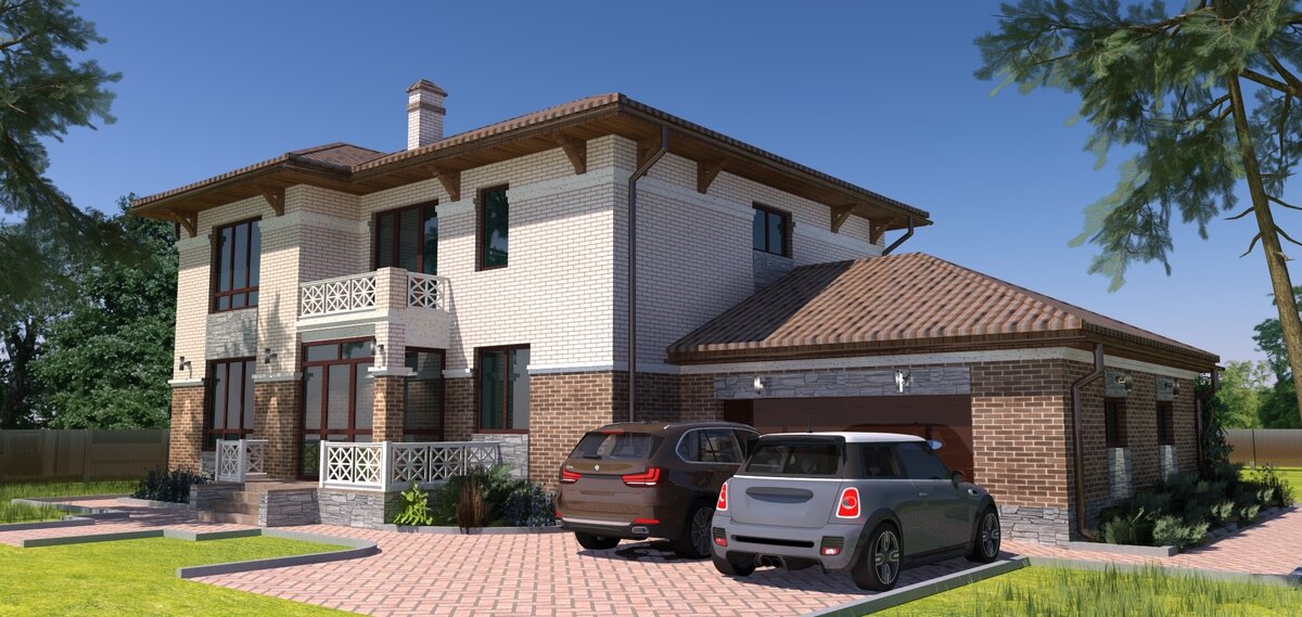 Проект двухэтажного дома с гаражом и балконом.