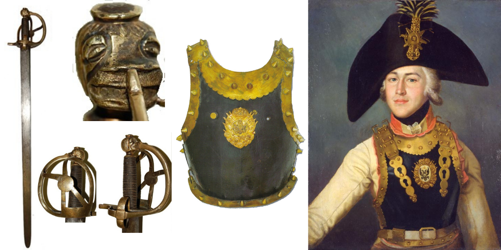 Кирасирский палаш нижних чинов , эфес  и орлиная головка от навершия рукояти ;  офицерская кираса .          Портрет кирасирского офицера . На нем четко видна петлица и кокарда из черной с оранжевыми полосами ленты , а так же герб и отделка кирасы.