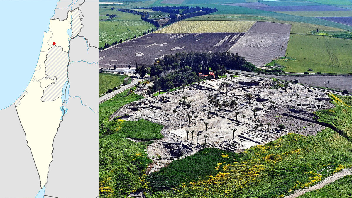 Расположение Тель-Мегиддо и вид с птичьего полета.