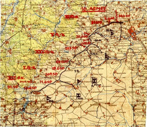 Немецкая трофейная карта с расположением войск на участке обороны группы Гарпе в районе к юго-западу от Болхова к 25 июля 1943 г.