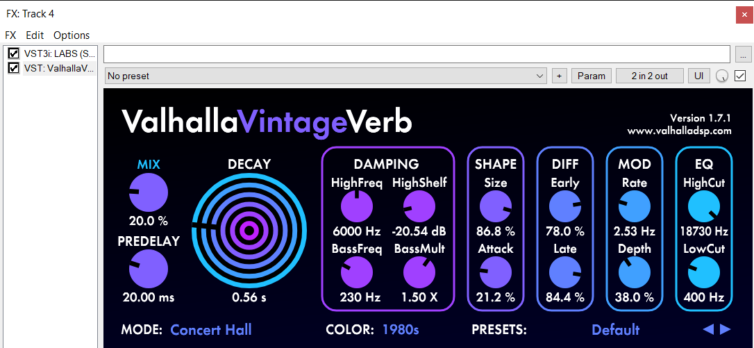 Красивый и удобный ревербератор. Аккуратнее с крутилкой DECAY - может превратить все в кашу.