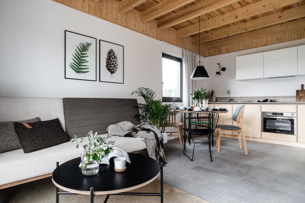 уютная комната. интерьер столовой гостиной в загородном доме. спальное место над эркером. стиль moody. уютная 12.