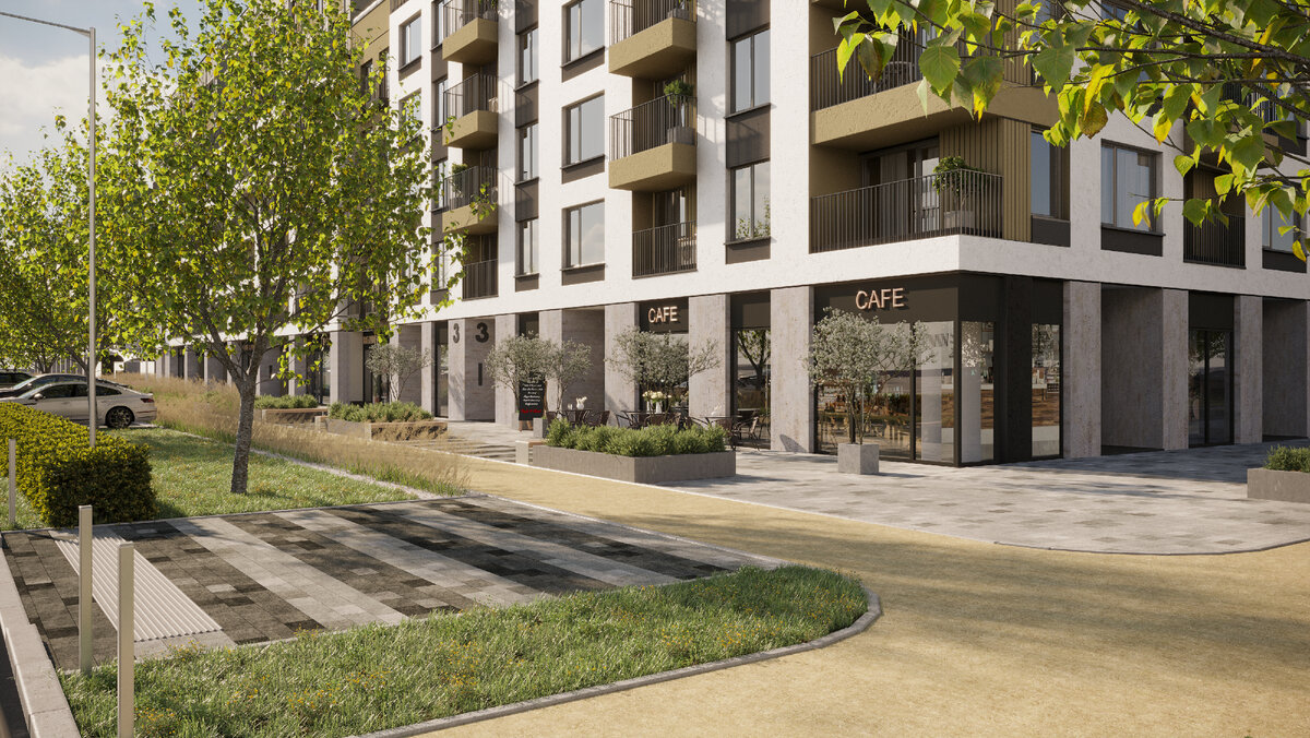 Комфортная для пешехода улица в проекте Брусники в Академическом. С помощью растений мы делаем её уютной и успокаиваем автомобильный трафик. Витрины коммерции выходят прямо на широкий пешеходный тротуар  