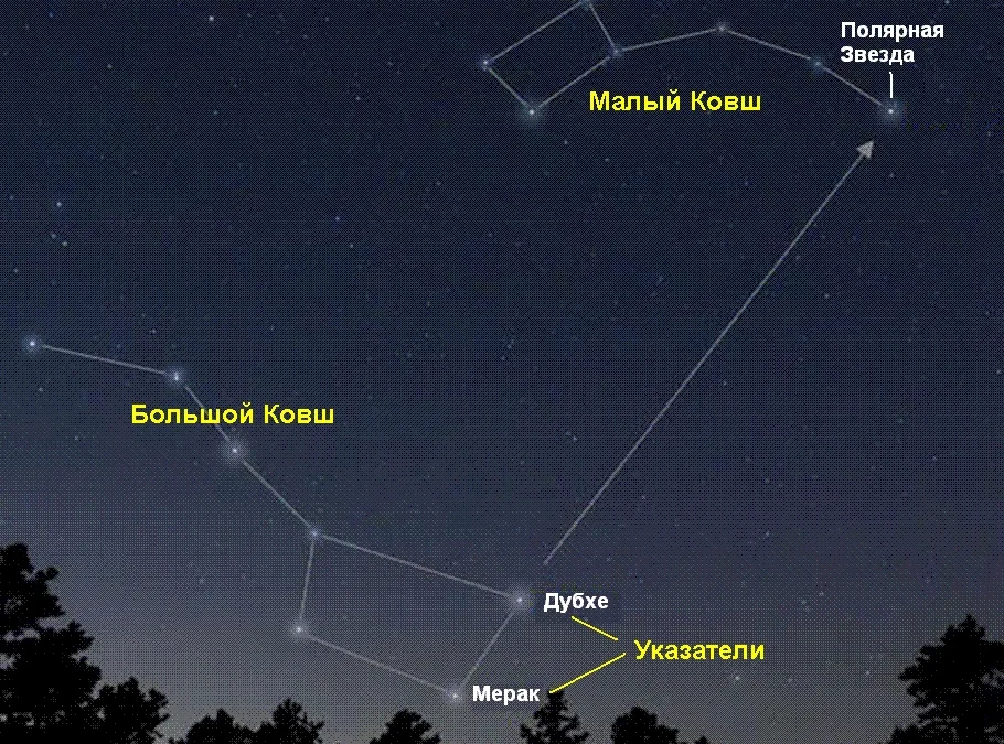 Как найти медведицу. Полярная звезда малой и большой медведицы. Звёзды большая Медведица Полярная звезда. Полярная звезда по Ковшу большой медведицы. Северная Полярная звезда на небе.