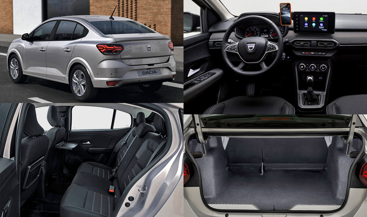 Logan: длина — 4396 мм (+38), ширина с зеркалами — 2007 (+13), высота — 1501 (-16), колёсная база — 2649 (+14). Дорожный просвет под нагрузкой — 135 мм (-10). Багажник вмещает 528 л (+18), для мелочовки заготовлен 21 л (+2,5). Диаметр колёс для всей троицы — 15 либо 16 дюймов