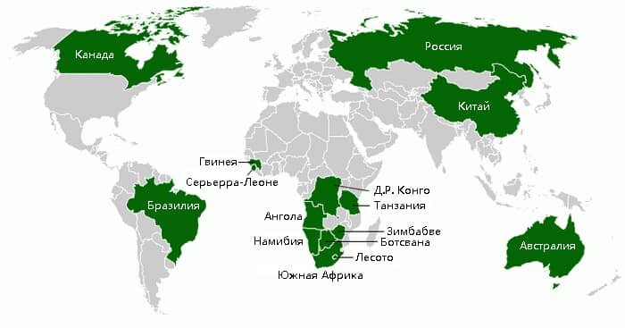 Мировая карта со странами  рекордсменами по добыче драгоценных и полудрагоценных камней