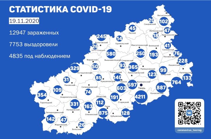 Карта распространения коронавируса в Тверской области на 19 ноября 2020 года