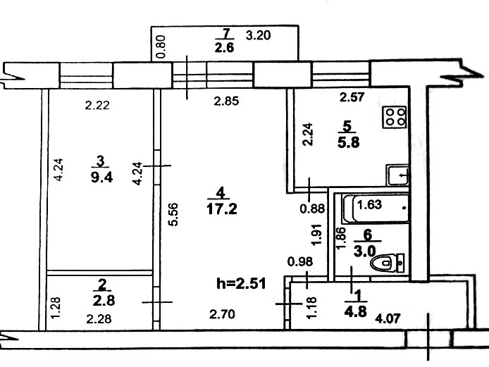 План двухкомнатной хрущевки
