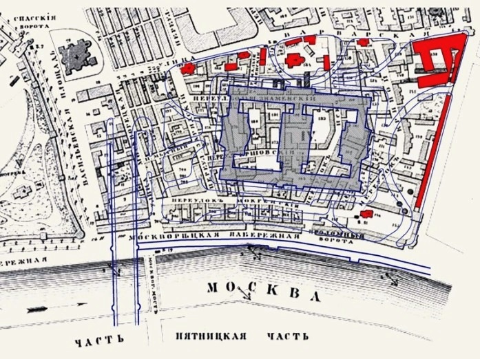 Зарядье и Китайгородская стена с наложением плана Гостиницы Россия
