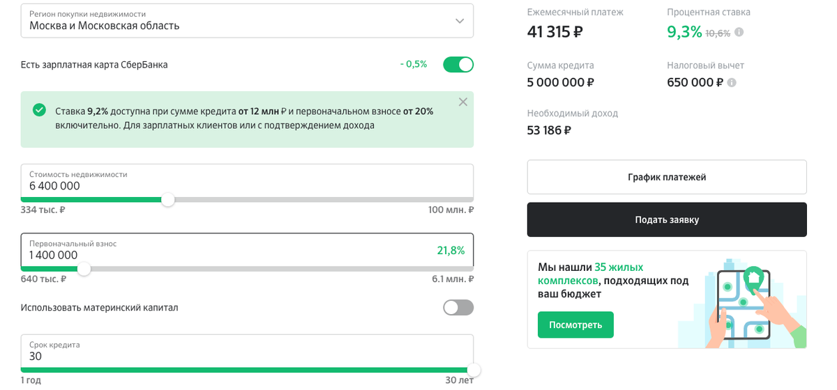 Пример расчета ипотеки ПАО "Сбербанк" по индивидуальным параметрам