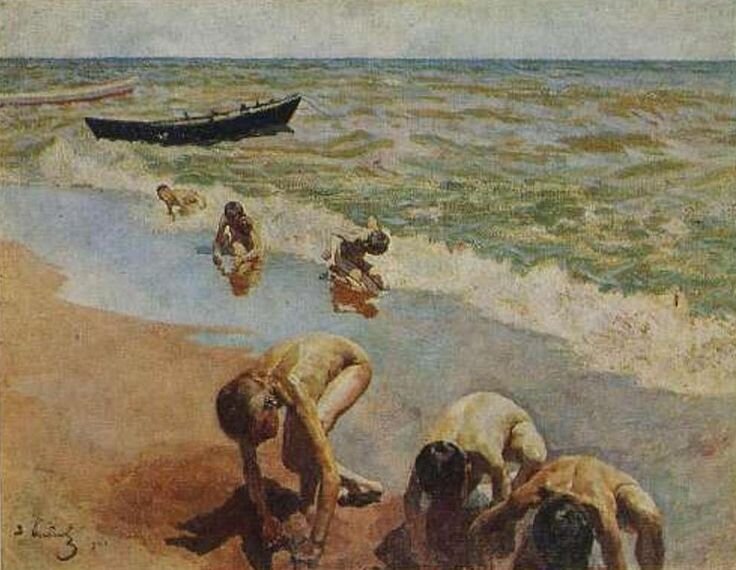 Мы видим в основном девочек, часть из которых просто загорает, кто-то вытирается полотенцем. Стрижки наголо для девочек в ту пору не были характерны, так что, скорее всего, в реке купаются именно мальчики. Таким образом, создается общее впечатление, что по сюжету картины дети разного пола реально купаются голыми в непосредственной близости друг от друга.