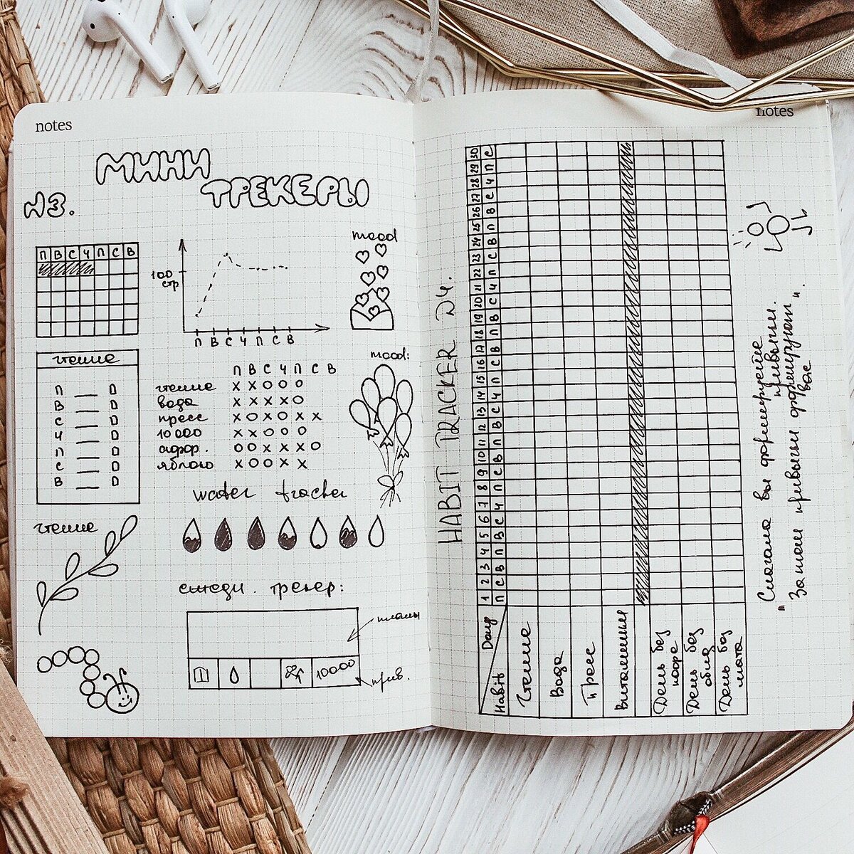 Разворот с трекерами полезных привычек. Например, чтение, количество шагов, уход за собой, тренировки или количество дней без кофе