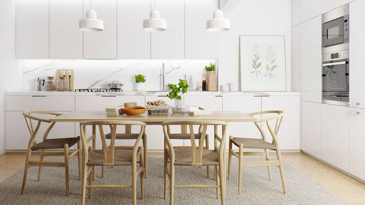 Современная кухня столовая в белом цвете.