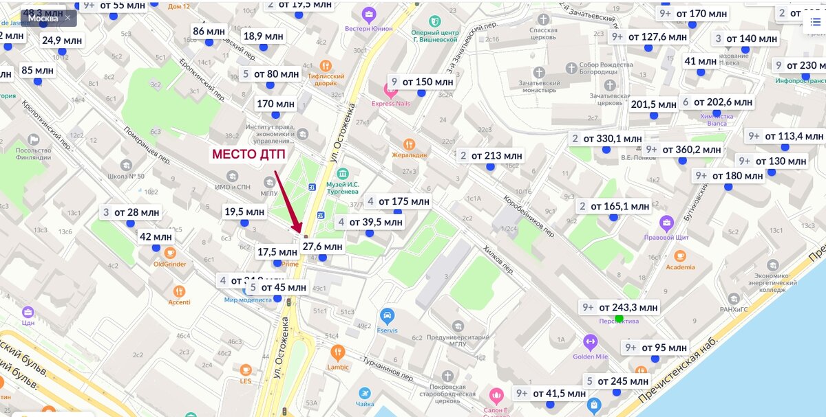 Цены на квартиры рядом с местом ДТП, все варианты