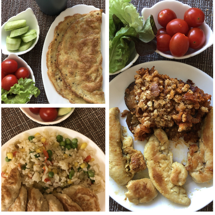 Завтрак: Омлет, овощи Обед: Запеченные баклажаны с филе цыпленка  Ужин: Куриные котлеты с гавайской смесью