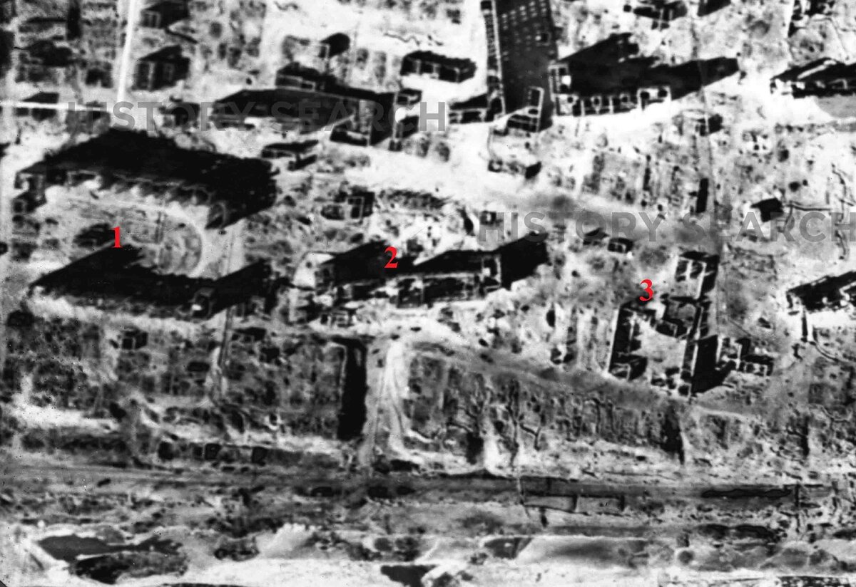 Аэрофотосъёмка Люфтваффе. 1 – Дома Специалистов; 2 – Госбанк; 3 – Пивоваренный завод, последний удерживали гвардейцы Родимцева.
Комплекс Домов Специалистов и здание Госбанка имели мощную оборону, дополненную инженерными заграждениями. Противник, владея этими объектами, буквально сковывал все активные действия 13-й гв. сд, держа под непрерывным контролем и обстрелом всю центральную переправу и тылы, находящиеся на восточном берегу Волги.
