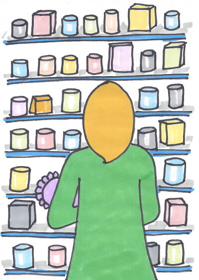 Мама выбирает смесь для ребёнка. Рисунок автора канала "От 0 до 6"