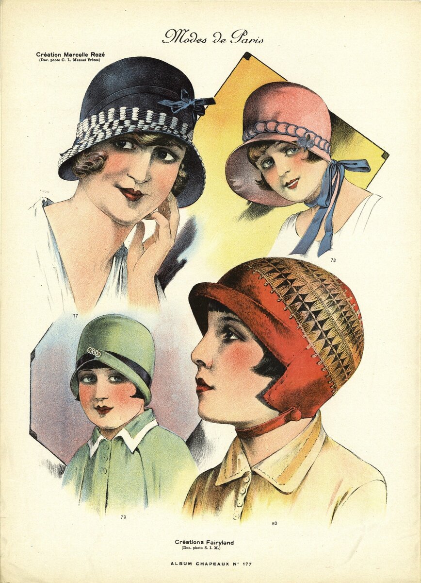 Модные головные уборы эпохи Ар Деко на страницах журнала Chapeaux, 1928 год Собрание Национальной библиотеки Франции