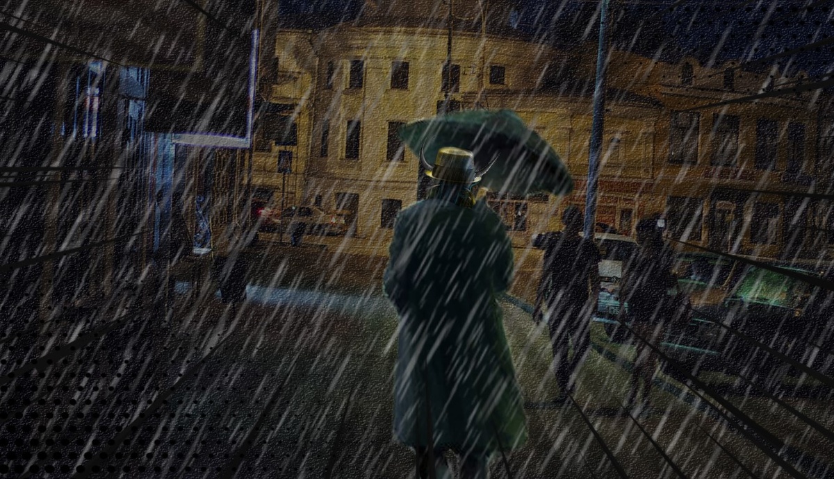 Мимо, смеясь и разбивая безмятежность луж громким шлепаньем, пробежала какая-то пара"