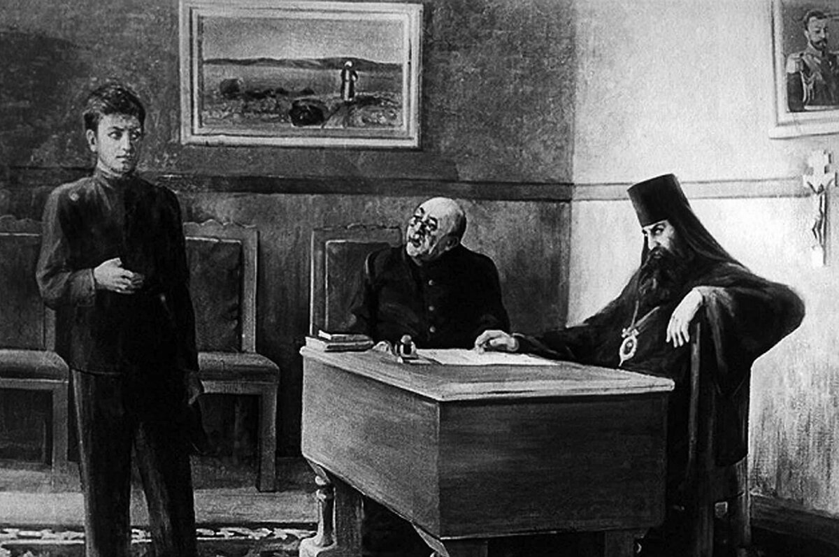 Картина художника В.Багратиони "Исключение И.Джугашвили из духовной семинарии". Епископ Дмитрий на картине справа. 