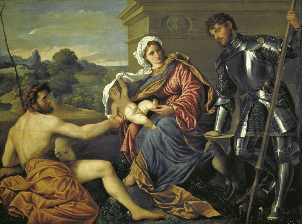 «Мадонна с младенцем, Иоанном Крестителем и Святым Георгием». Парис Бордоне. Италия. 1530 г. Обратите внимание: правая ступня покоится на голове поверженного дракона. Взято из интернета