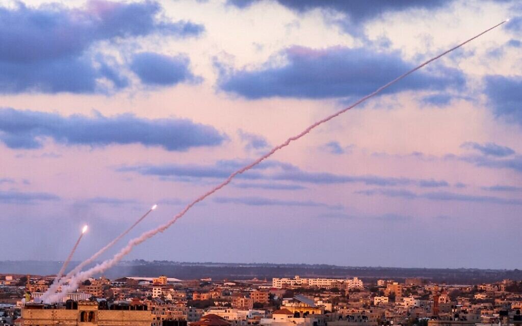 Rockets are launched in the southern Gaza Strip toward Israel, May 17, 2021. (Said Khatib/AFP)