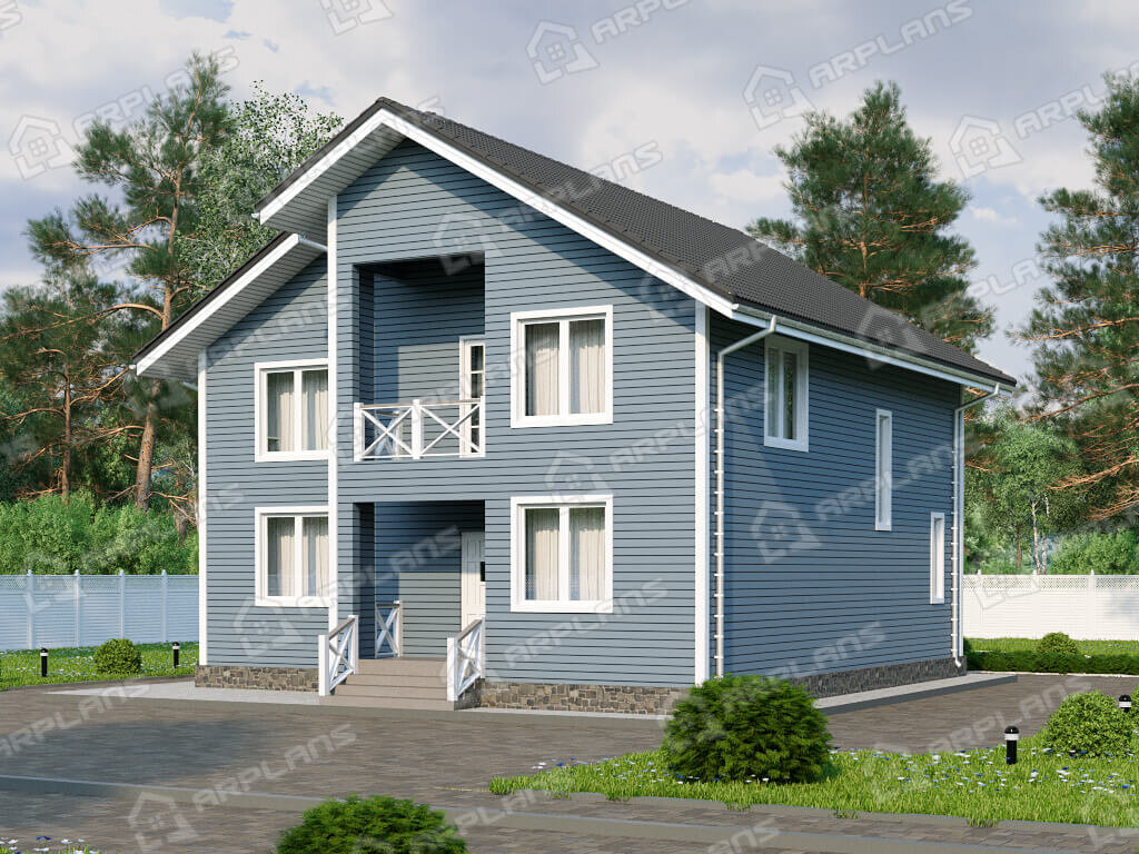 Фото 2 двухэтажного каркасного дома с мансардой, 3  спальнями, кабинетом, эркером. газовой котельной и балконом. Полезная площадь 200 кв м. Источник arplans.ru Проект И-099