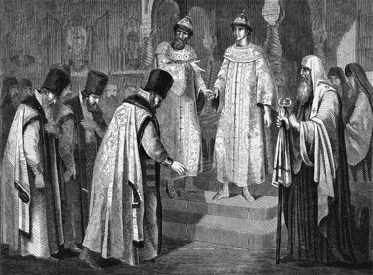 Василий II Тёмный (тот редкий случай, когда он изображён действительно "Тёмным", то есть – ослеплённым) и его сын Иван III