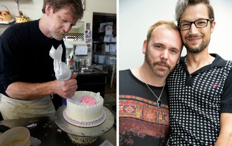 Владелец пекарни Masterpiece Cakeshop Jack Phillips; пара David Mullins и Charlie Craig 