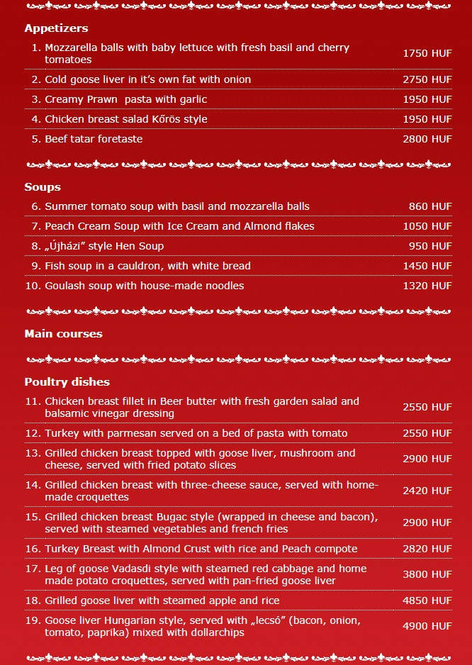 Пример венгерского меню.