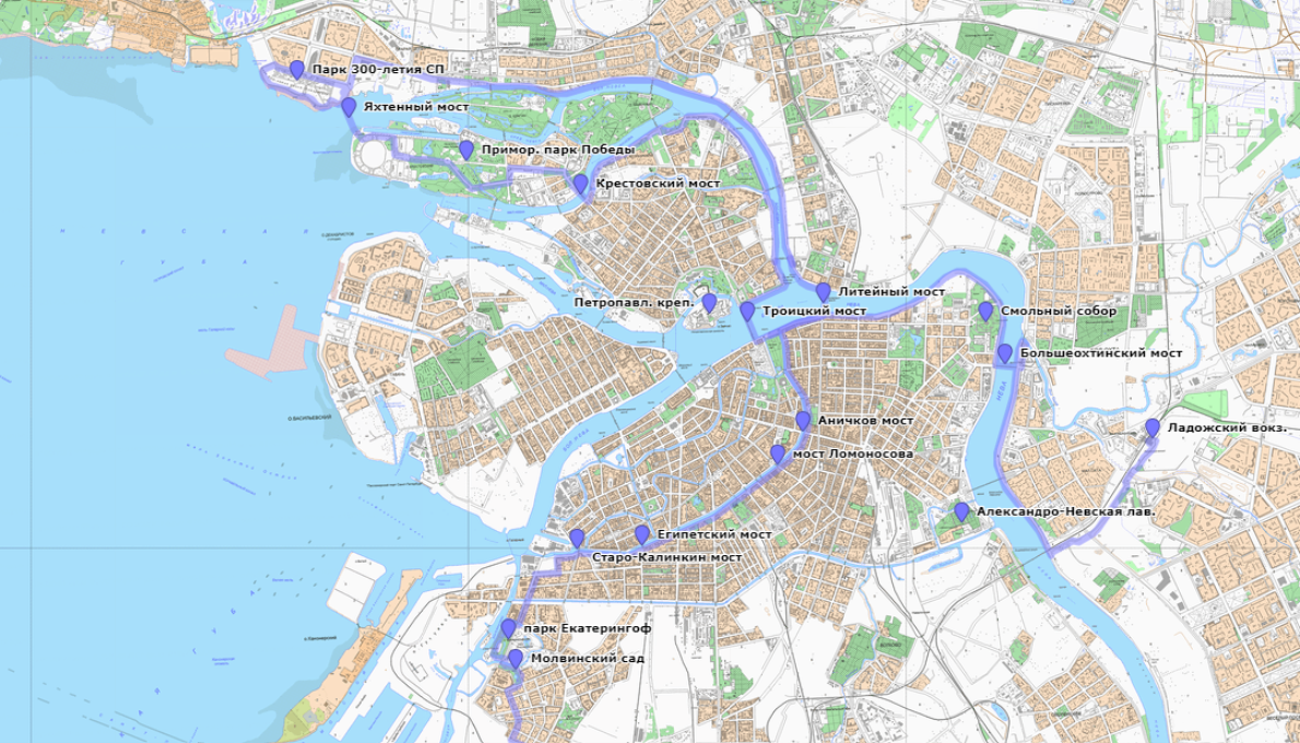 Первая часть маршрута: от Ладожского вокзала до Молвинского сада.