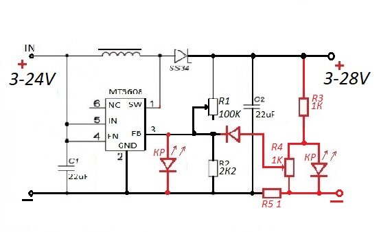 MT3608, регулировка тока изображена красным цветом