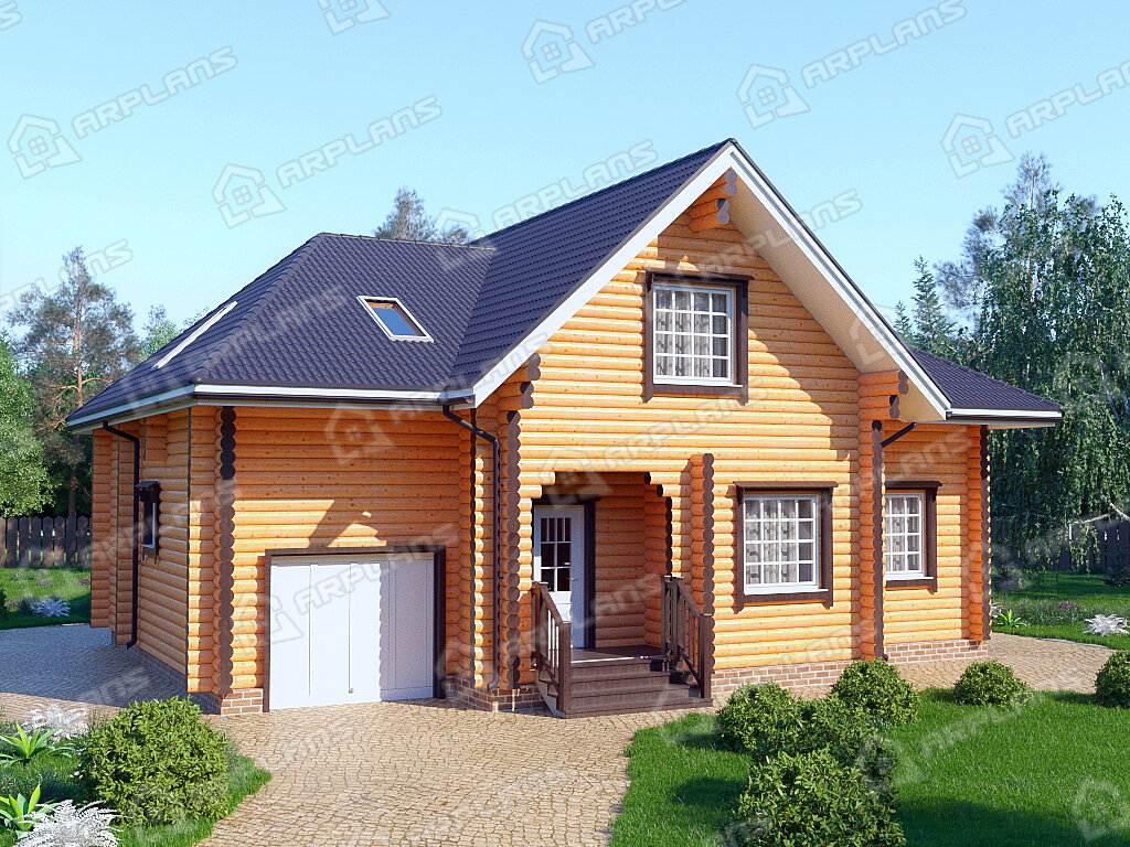 Фото 1 деревянного дома из бревна с мансардой, 3 спальнями, 2 детскими, кабинетом, террасой и гаражом. 210 кв м. Источник arplans.ru Проект ДО-071