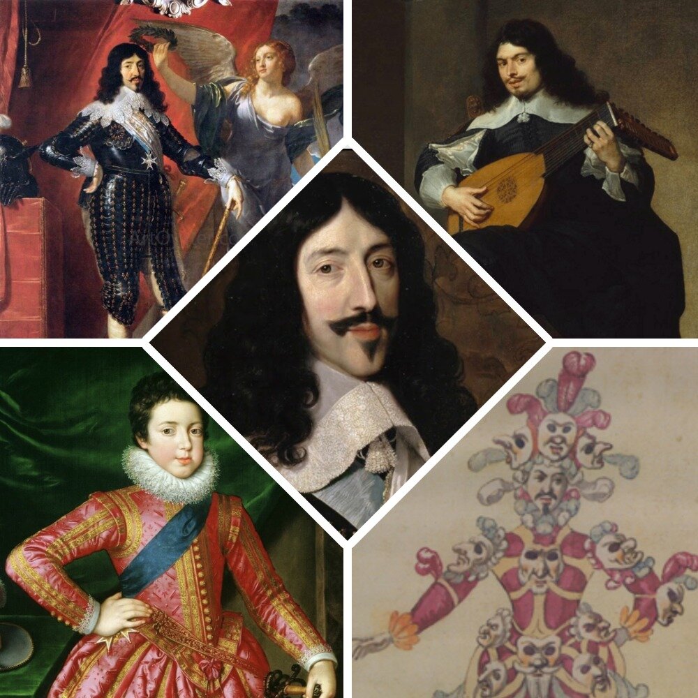 Портреты Луи XIII. Справа вверху - игра на лютне. Справа внизу - рисунок костюма к балету эпохи Людовика XIII.