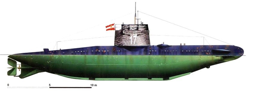 Подлодка Австро-Венгерского флота U-17. Вид на 1915 г. Водоизмещение 127/141 т. 1 дизель на 60 л.с. + 1 электромотор на 120 л.с. Скорость надводная 6,5 узла, подводная 5 узлов. Вооружение: 2х450 мм торпедных аппарата. Экипаж 16 человек.